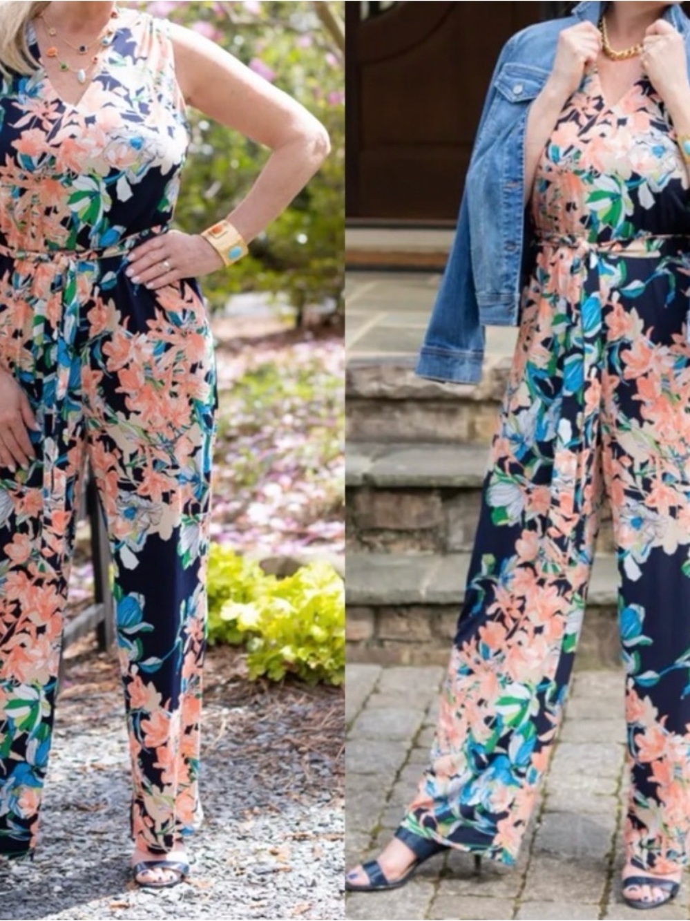 Chico’s Floral Sleeveless jumpsuit in Navy and Peach,size 1P/MP,pockets,no belt